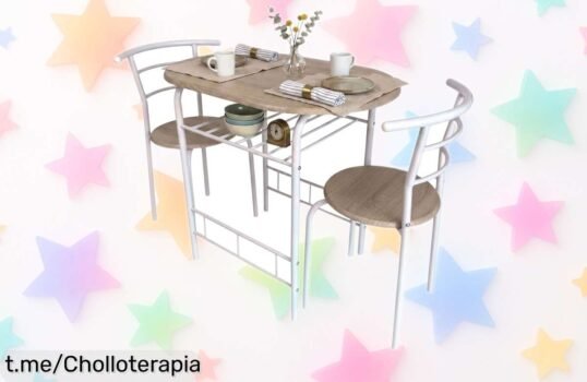Mesa fija Butterfly en melamina blanca y roble sonoma con dos sillas, ¡precio regalado que no encontrarás así! Decora tu hogar ahora mismo antes de que se acabe.