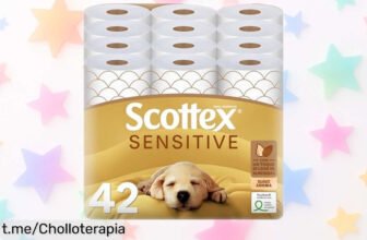 Papel higiénico Scottex Sensitive en pack de 42 rollos, precio loco y suavidad extrema para cuidar tu piel. ¡No te quedes sin este chollo para toda la familia!