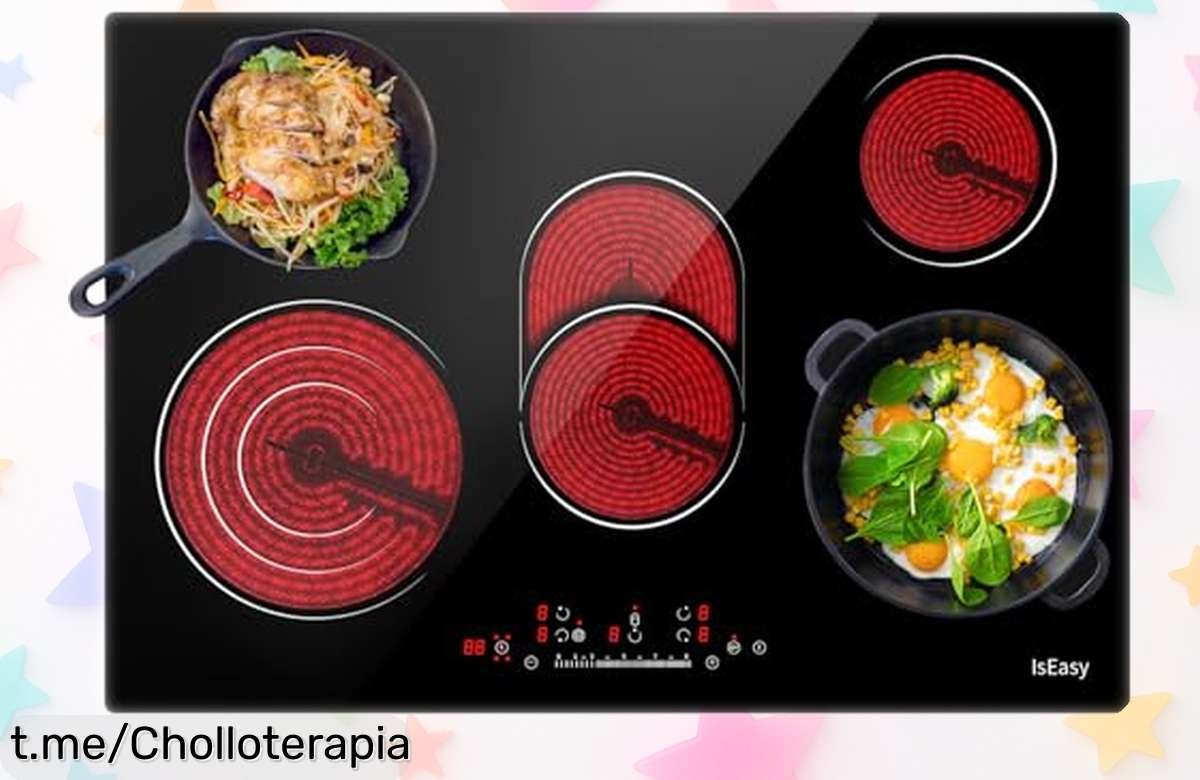 Placa vitrocerámica empotrada IsEasy de 5 fuegos, ¡ofertón impresionante! Calienta rapidísimo y cocina sin complicaciones. No te quedes sin ella, aprovecha este chollo ya.
